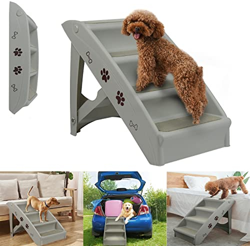 YRHome Haustiertreppe Hundetreppe Klappbar Mit 4-stufige Rutschfesten Teppichboden Katzentreppe Hunderampe Tiertreppe 61x38x49 cm für Hund und Katz bis 75 kg Grau Bett Couch Auto