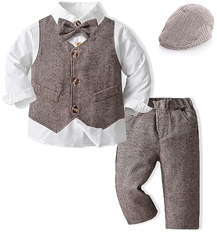 Volunboy Baby Anzug Jungen Anzugweste Hemd mit Fliege für Festlich Hochzeit Bekleidung Set 5tlg（18-24 Monate，Braun，Größe 90）