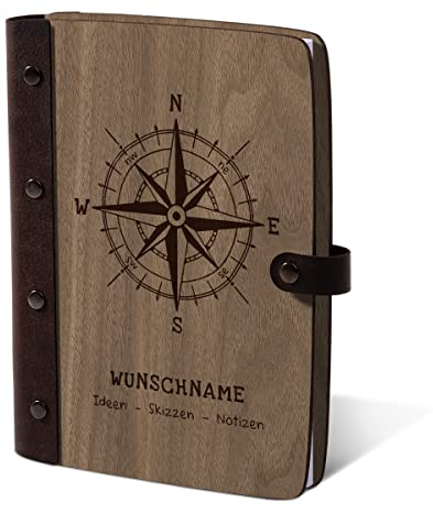 Personalisiertes Notizbuch Holzcover mit Echtleder Rücken 72 Blatt | 144 Seiten A5 hoch 158x222mm Nussbaum Amerikanisch - Kompass
