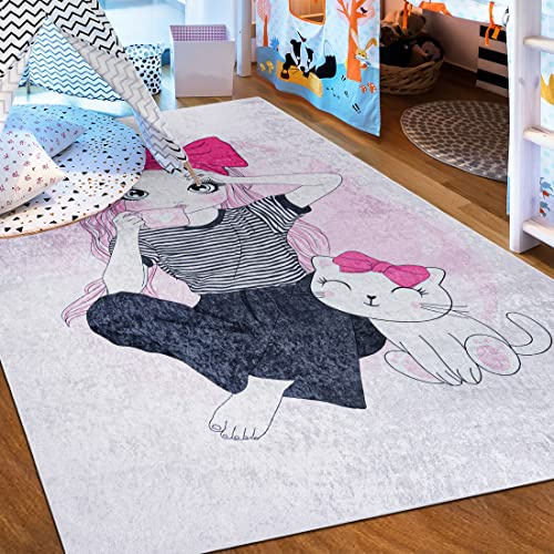 Mazovia Spielteppich Kinderzimmer 80x150cm Anthrazit Rosa Katze rutschfest