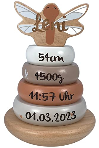 Label Label Stapelturm nougat - personalisierbar I Geschenk zur Geburt & Taufe I Handmade Baby Holzspielzeug I Personalisierte Geschenke Baby I Label-Label I Stapelspiel mit Name & Geburtsdaten