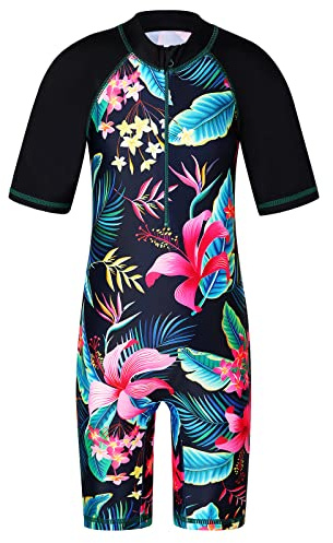 HUAANIUE Filles Maillot de Bain 1 Pièce 2-12 Ans, Anti-UV UPF 50+ Manches Courtes, Fermeture Éclair Frontale, Imprimés Colorés, Idéal pour Plage et Piscine (S234-Fleur Noir, 11-12 Ans)