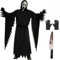 Adult Mens Official Scream AGED Ghost Face Costume + Black Gloves + Bloody Butcher Knife : Halloween Horror Film Theme Fancy Dress