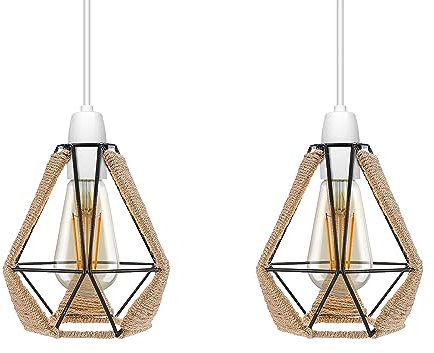 Pack of 2 Hemp Rope Ceiling Lampshade, Light Wire Basket Metal Easy Fit Pendant Light Shades, Ceiling Fitting Light & Industrial Style Light for Indoor Pendant Light Shade lamp Shade