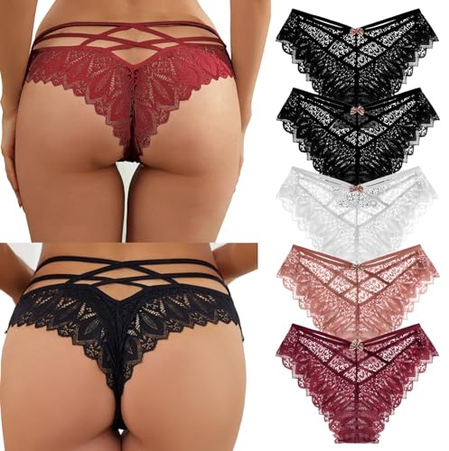 SHAINE 5er Pack String Tanga Set Damen S-XL | Spitze Unterhosen Sexy Dessous Thong Frauen Atmungsaktiv Slips Unterwäsche Bequem Unterkleidung Weich Bikini Panties Damen
