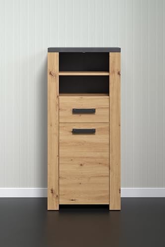 trendteam smart living - Follow - Kommode - Artisan Eiche/Matera - Badezimmerschrank mit 2 offenen Fächern - (BxHxT) 53 x 118 x 35 cm - Tür links oder rechts montierbar - kratzfest