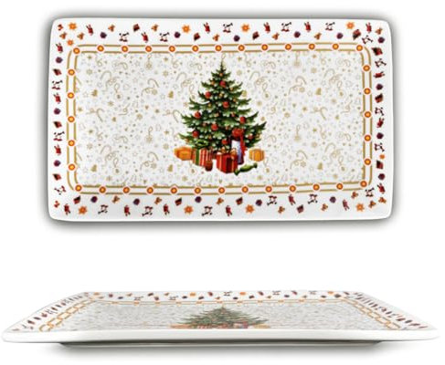ARCA, Vassoio Albero in Porcellana Rettangolare, con Decorazione Natalizia Albero di Natale con Bordo Oro, Resistente e Duraturo, Ideale per la Tavola, Idea Regalo Natale, 34x20 cm