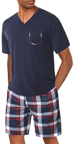 Uniexcosm Ensemble de Pyjama Été Pyjama Homme Coton Court Pyjama Homme Pantalon Manches Courtes Bleu Marine XL