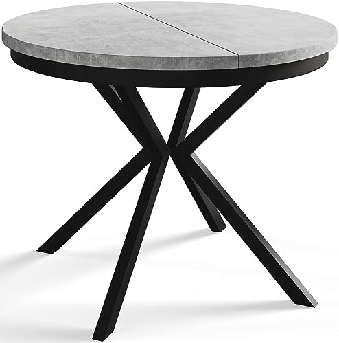 Esszimmertisch BERGO, Durchmesser: 90-170 cm, Hellgrau, Schwarz Beine | Runder Tish, Ausziehbarer Tisch, Wohnzimmertisch mit Metallbeinen