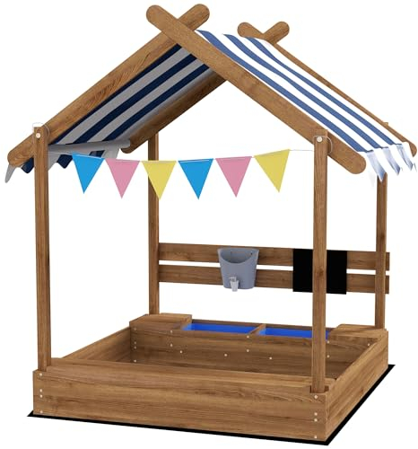 Outsunny Arenero para Niños de Madera Arenero Infantil con Toldo 6 Banderines 2 Bandejas Extraíbles Grifo y Pizarra en Forma de Casa para Patio Jardín 124x116x146 cm Marrón
