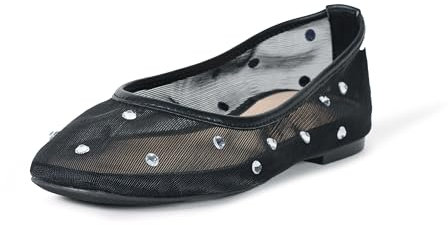 The Drop Bailarinas con Lazo Pepper Zapatos Tipo Ballet, Malla Negra/Diamantes de imitación, 38.5