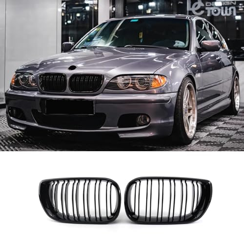 Hengjiayao E46 Rejilla de riñón Delantero para BMW 3er E46 4 Puertas 4D 2002-2005 LCI Facelift E46 Parrillas Negro Brillante Listón Doble(No apto para 2 puertas)(For 3er E46 4D 2002-2005 LCI)