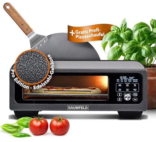 BAUMFELD PizzaAirfryer400 Pro - 12 in 1 Multifunktionsofen, Pizzaofen, 400 °C, tragbar, Grillen, Pizza, Air Fryer, Backen, XXL Zubehör, Indoor, Steinofenplatte, Gusseisenblech