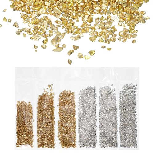 QUARKZMAN 6 Farben Zerkleinert Glas Glitzer 2-4mm Unregelmäßige Chips Pailletten Metallisch Klobige Glitzer Steine für Harz Kunst Nägel Handwerk (Gold Silber 1.06 oz/ 30g)