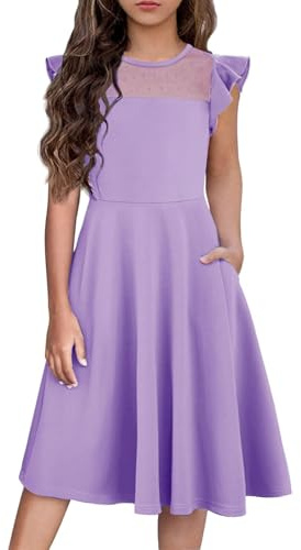 Arshiner Ragazze Abito Estivo con Maniche a Balze in Rete Abiti da Festa Casual con Tasche 6-13 Anni