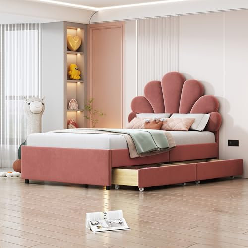 Soweiz Polsterbett Kinderbett 90x200 cm, Bettrahmen mit geblümtem Kopfteil und Lattenrost, mit 2 Ablagefächern, Mädchenbett-Gästebett aus hautfreundlichem Samtstoff (Rosa)