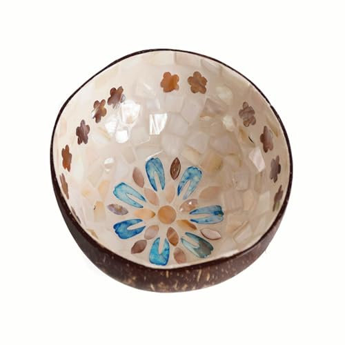 Hiseng Schlüsselschale,Kokosnuss Schale aus Natürlicher Kokosnussschale,Cartoon Druck Dekoschale für Schlüssel, Eingang, Tisch,Heimdekoration (Blaue Blume)