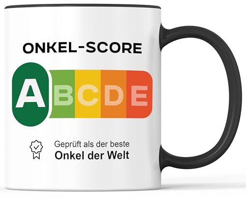 Tasse mit Spruch bester Onkel Score Becher geprüft Siegel approved - lustiges Geschenk - Kaffeebecher als Geschenkidee - Kaffeetasse 330ml - Weiss-Schwarz