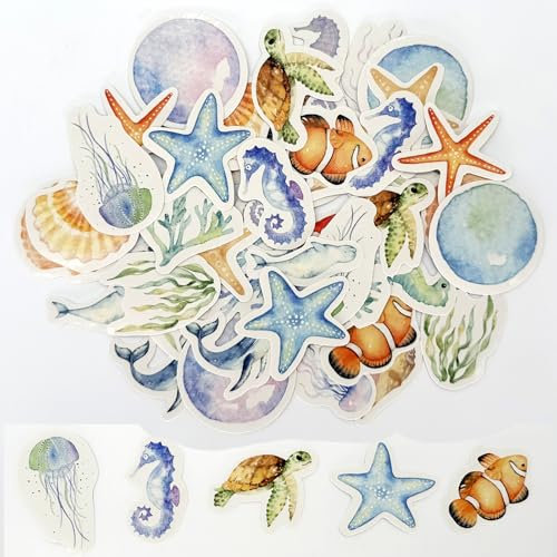 NICECONE 46 Pcs Watercolor Ocean Scrapbooking Stickers, Small Sea Shell Starfish Seahorse Marine Life Stickers for DIY Art Crafts Decoration,Journal,Envelope,Phone Case,Water Bottles,Laptops