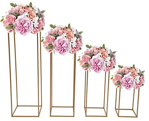 HuKaiL 4 soportes dorados de metal para flores, jarrón de boda, columna floral, cuadrado, centros de mesa para bodas, salón, cafetería