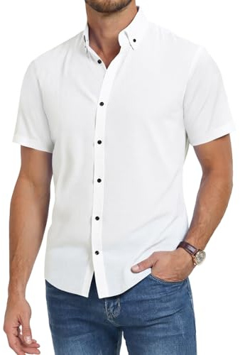 Misfuso Chemise Homme Manches Courtes en Couleur Uni Chemise d'Été sans Repassage Chemise Homme Décontracté Blanc XXL