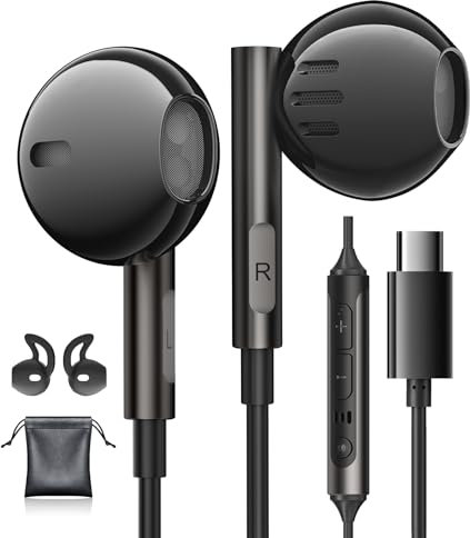 USB C Headphones for Samsung Galaxy S24 S25 Ultra S23 A16 iPhone 16 Wired Earphones USBC HiFi Type C Headphones with Mic USB C Earphones for iPhone 15 Samsung A56 A55 A35 S22 S23 S24 FE iPad 10th 11th