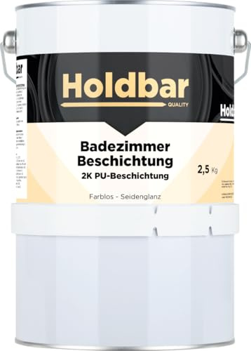 Holdbar 2K PU Badezimmer Beschichtung Reinweiß (Ral 9010) 2,5 Kg - Wasserfest - Geeignet für Duschkabine - Fliesenfarbe badezimmer - 2 komponenten beschichtung - Farbe für Wand & Boden