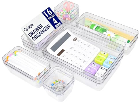 Cylogia Clear Drawer Organiser Set Desk Drawer Dividers Makeup Organiser Divider Tray Utensil Cutlery Set Dressing Table Organisers for Bedroom Kitchen Bathromm Office Gadgets(16 Pack)