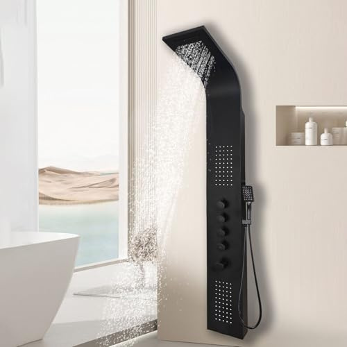 Elbe duschpanel borstat rostfritt stål 304 med termostat, 2 massagemunstycken, vattenfalldusch, duschhuvud, handdusch (svart)