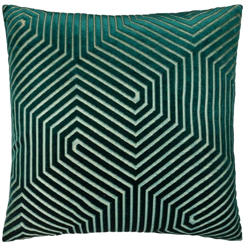 Paoletti Evoke Velvet Feather Filled Cushion – Luxurious Chevron Pattern Decorative Square Pillow With Filling (Emerald - 55x55cm)