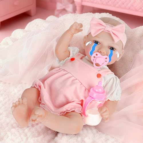 JONRRYIN Reborn Baby mit Schwerkraftsensor, 43cm Reborn Puppe Mädchen, Realistische Babypuppe die Atmet, Weint und Lächelt, Ideal für Kinder ab 3 Jahre (Rosa)