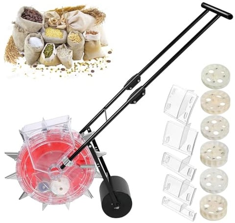Aredwhiterui Handgeschobener Sästreuer – 12-Düsen Rasenstreuer mit Unterdrückungsrad, 3,5-7,8cm Tiefe, 13,5-28cm Abstand, Enthält 6 Sädräder für Karotten, Salat, Mungobohnen, Baumwolle