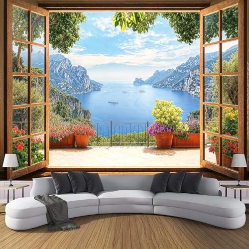 Carta Da Parati Effetto 3D Finestre In Legno Fiori 200×140cm Fotomurali Non Tessuto, Natura Montagne Decorazione Poster Arte Murale Moderna per Casa Ufficio Camera Da Letto Soggiorno Blu