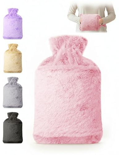 KEPLIN Hot Water Bottle 2L with Soft Faux Fur Cover, Leakproof Natural Rubber, Long Lasting Warmth for Neck, Back & Hands, Fluffy Cosy Design for Men & Women, Winter Comfort - Blush