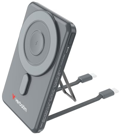 Verbatim Charge 'n' Go MagSafe Power Bank 5000 mAh [Grey] 15 W Magnetic - PD 20 W Quick Charge Function, LED Display & Foldable Stand for iPhone 17/16/15/14/13/12 Pro/Pro Max - Includes Two USB-C | 10000 mAh MagSafe power bank with 15 W wireless charging, PD22.5 W, LED display and folding stand for on the go