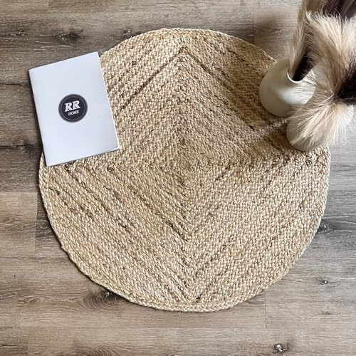 Ceto Runder Teppich, 100 % reine natürliche Jute, künstlerische handgewebte runde Teppiche für Küche, Wohnzimmer, Schlafzimmer, Badezimmer, Bauernhaus – 250 cm rund, 250 cm x 250 cm