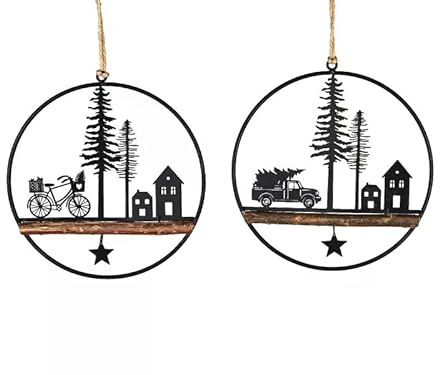 Deko-Hänger aus Metall & Holz – rund oder Herz – Hirsch mit Baum oder Häuserzeile – Wand- & Fensterdeko Winter Weihnachten (Tannenbaum)