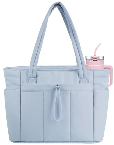 JueiXeoy Puffer Tote Bag for Women Handbag Nurse Bag with Cup Holder & Laptop Compartment & Trolley Sleeve for Work Travel, Blue, One Size
