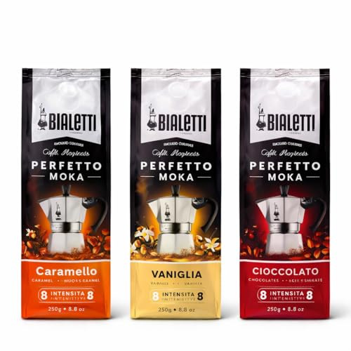 Bialetti Perfetto Moka Flavoured Coffee Bundle - Chocolate, Vanilla & Caramel Ground Coffee for Moka Pot - 3 x 250g Italian Blend Variety Pack