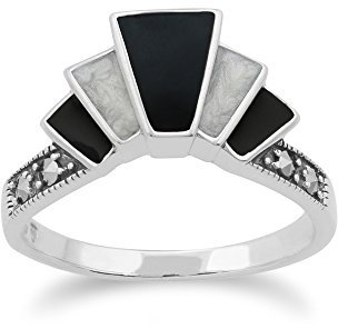 Gemondo Art Deco Ring 925 Sterling Silber Art Deco Emaille Schwarz Weiß Markasit, Sterlingsilber, Markasit