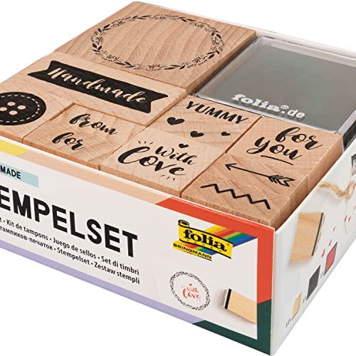 folia 31107 - Holzstempelset Handmade, inklusive 11 Holzstempel und 2 Stempelkissen - ideal zum Verzieren von Karten, Freundschaftsbüchern, für Lettering und Scrapbooking