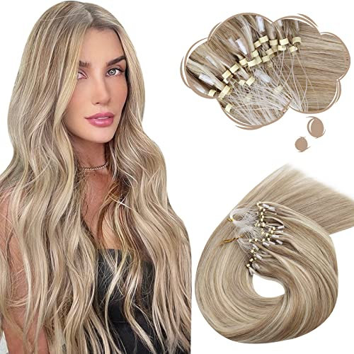 Moresoo Microring Extensions Echthaar 50 cm Hellbraun mit Platinblond Haar Extensions Seidenglatt Für Jede Tätigkeit Microring Haarverlängerungen 50G 50Stränge #9A/60 20 Zoll