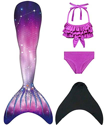 DNFUN Mädchen Meerjungfrauenschwanz für Schwimmen mit Meerjungfrau Flosse -Kinder Meerjungfrauenflosse zum Schwimmen, 4 Stück Set,O01,140
