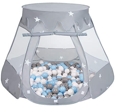 Selonis Tente 105X90cm/200 Balles Balles Château avec Les Balles Plastiques Piscine À Balles pour Enfants, Gris:Gris/Blanco/Babyblue