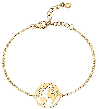BONNYBIRD® Armband Weltkugel Gold Edelstahl Damen Reise Geschenk für Auswanderer Weltreisende Weltkarte Travel Frauen Wasserfest Schmuck Vergoldet Armkette Festival Boho Welt Weltenbummler Globus