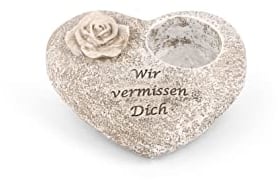 Novaliv Grabschmuck Herz Grau mit Rose Spruch Wir vermissen Dich Grabdeko Grabherz Wetterfest Grabdekoration Gedenkstein Teelichthalter Trauerstein