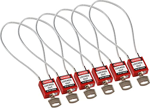 Brady Kompakte Kabel-Vorhängeschlöss 6er-Pack - Lockout Sicherheitsschloss mit Schlüssel - Vorhängeschloss Wetterfest mit langer Bügel - Vorhängeschloss Verschiedenschließend - Kabellänge 400 mm, Rot