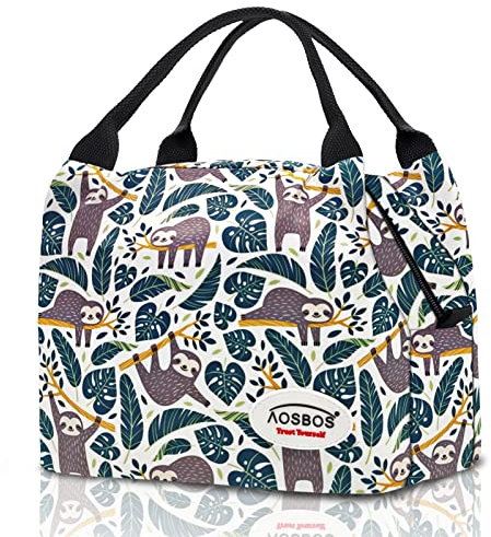 Aosbos Borsa Termica Porta Pranzo Portatile Contenitore Termico per Alimenti Manutenzione di Freddo e Caldo per Uomo/Donna/Bambino Borsa Frigo Pranzo Ufficio Scuola, Bradipo Foglia Verde