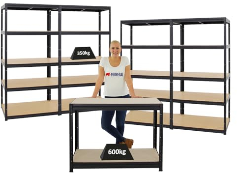 PROREGAL Mega Deal | 4X Schwerlastregal Slim Elephant M HxBxT 180x90x60cm & 1x Höhenverstellbare Werkbank Slim Dino HxBxT 90x120x60cm | Fachlast bis zu 600kg | Schwarz