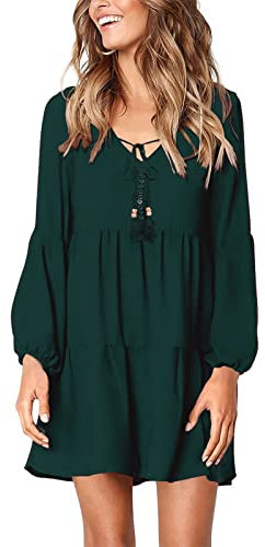 Beaufident Femme Robe Droites fluides Été Rétro Bohême Robes Col V Robes au Genou Manches Longues Casual Grande Taille Tuniques Ample Robe Été de Plage